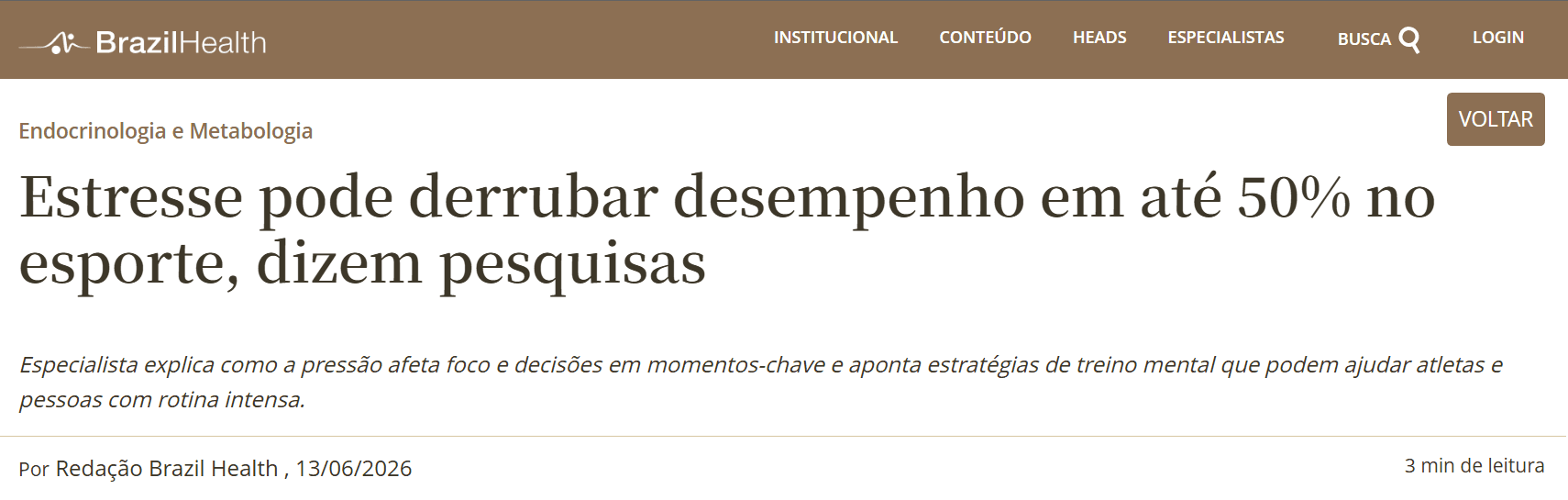 Reportagem: Estresse pode derrubar desempenho em até 50% no esporte