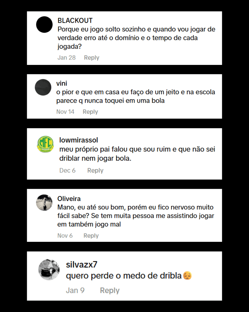 Mensagens de jogadores no direct sobre nervosismo e bloqueio