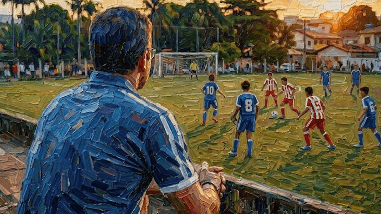 Pai na arquibancada assistindo o filho jogar